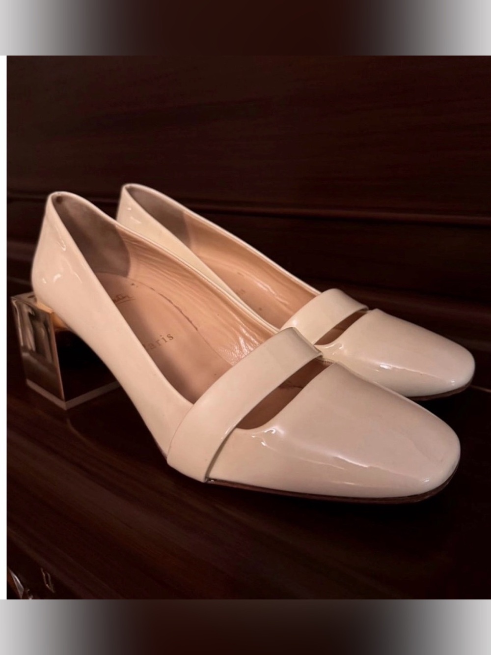 Christian Louboutin Cream Patent Mary Jane Block Heel Pumps Size 38 - Picture 2 of 9